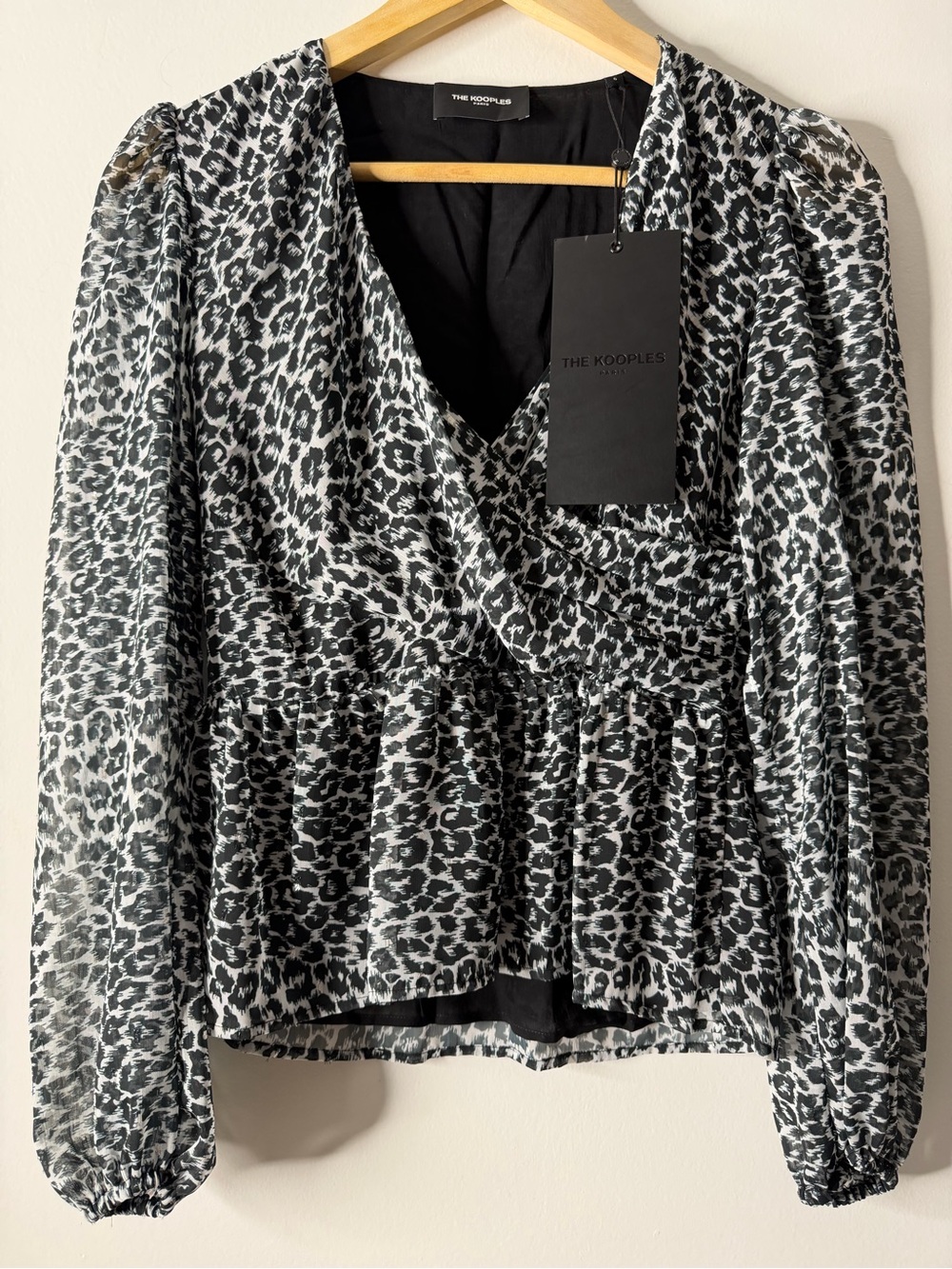 The Kooples Black and White Leopard Print Draped Peplum Blazer